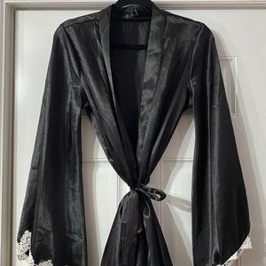 Satin Black Robe with Lace Detail